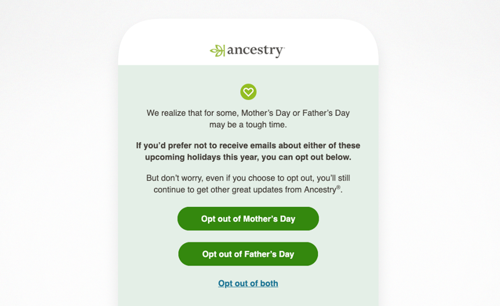 Phone screenshot of Ancestry Opt out for Mother's Day and/or Father's Day emails